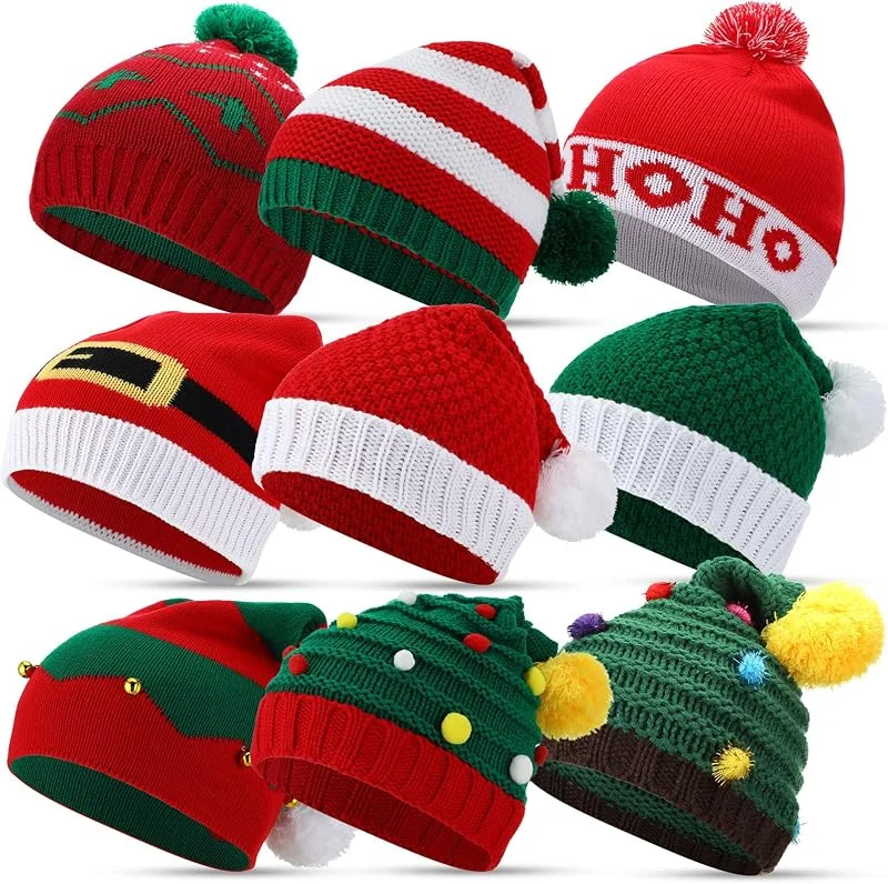 Marke: Lasnten Lasnten 9 Stück Weihnachtsmützen Strickmütze Weihnachtsmütze Elf Beanie für Erwachsene Winter Lustige Beanie mit Pom für Urlaub Damen Herren — Weihnachtsmode
