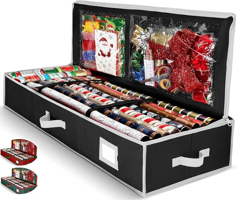 Marke: Homior Geschenkpapier-Organizer, Weihnachts-Geschenkpapier-Aufbewahrungstasche mit nützlichen Taschen für Weihnachtszubehör, passend für bis zu 24 Rollen, Unterbett-Aufbewahrung für Urlaubsdekorationen — Geschenkverpackung