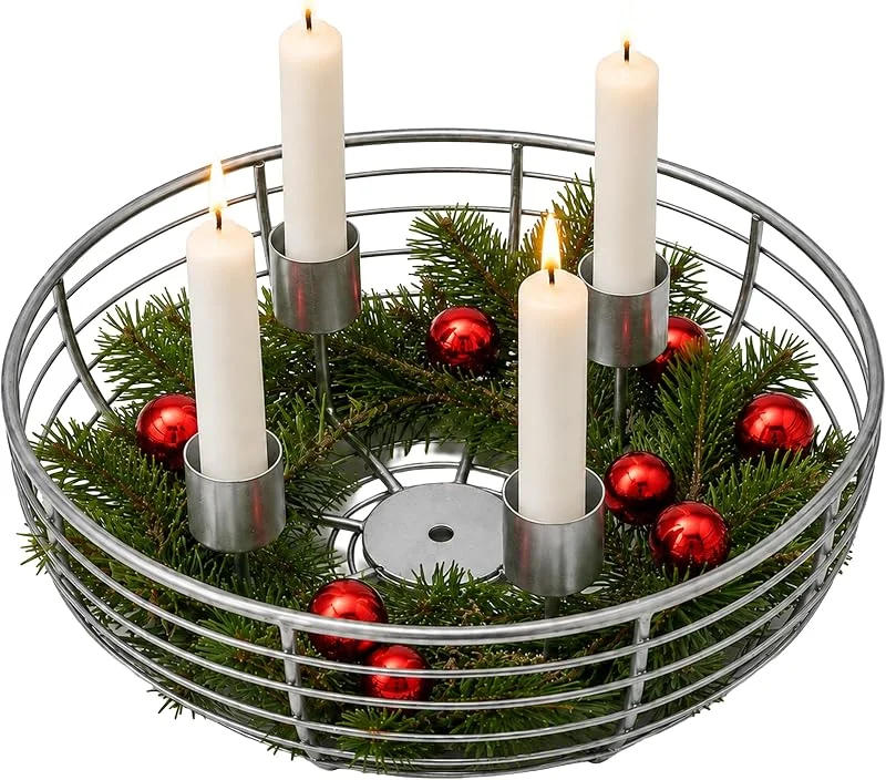 Besuche den Relaxdays-Store Relaxdays Adventskranz Drahtgeflecht, 4 Kerzenhalter, Metallschale, silber — Kerzenlicht Abendessen
