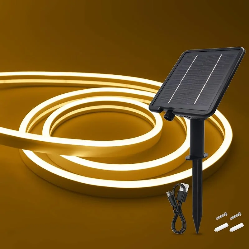 Marke: HEGEHE Solar LED Strip, Solarbetriebene Neon LED Streifen Außen, 120leds, m, 8 Modi, Schneidbar, IP65 Wasserdicht Diffusion Flex LED Schlauch Band für Garten, Balkon, Treppe (Warmweiß, 0.5M) — Weihnachtsbeleuchtung