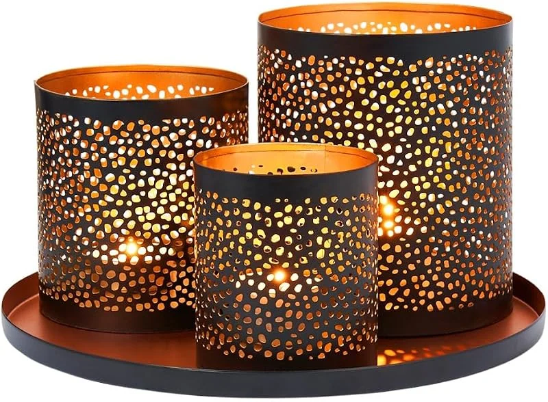 Besuche den Marrakesch Orient & Mediterran Interior-Store Windlicht Set 4: Tablett und DREI Windlichter, Eisen, Schwarz 25, 5 cm — Kerzenlicht Abendessen