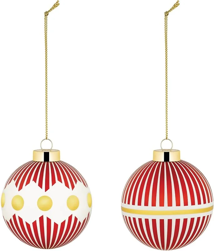Alessi Delight NZ04SET1 – Set aus Zwei Christbaumkugeln, aus Mundgeblasenem Glas, Durchmesser 6 cm, Rot, Weiß, Gold — Weihnachtsdeko