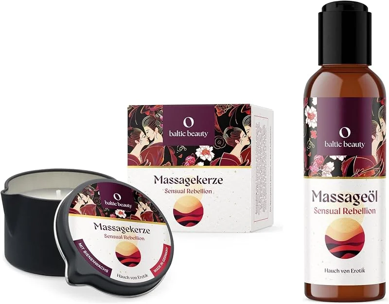 Besuche den Baltic Beauty-Store Wellness-Set Vanille & Sandelholz – Massagekerze + Massageöl Sensual Rebellion – warm-dunkles Duftprofil, aufeinander abgestimmt – Geschenkidee — Kerzenlicht Abendessen