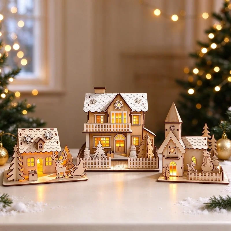 Besuche den Lergas-Store Weihnachtsdorf mit Beleuchtung, DIY Weihnachten Wichtelhaus Holz (3 Stück) — Weihnachtsdeko