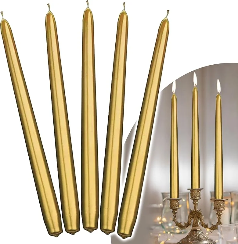 Marke: Decoraparty Decoraparty 10 goldene Kerzen, Höhe 29 cm, lang, konisch, gold-metallisch, elegante Dekoration aus Wachs für Feiern, Neujahr, Jahrestag, Weihnachten, für Kerzenständer — Kerzenlicht Abendessen