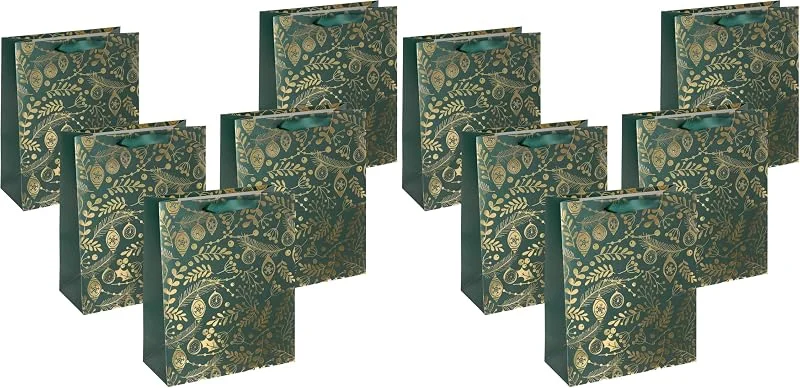 Besuche den Sigel-Store Sigel GT118, 5 große Premium Geschenktüten aus Papier, 5er Set, gold, grün, mit Seidenbandgriffen, 26 x 33 x 12 cm, Golden ornaments on green, Papier-Geschenktaschen Weihnachten (Packung mit 2) — Geschenkverpackung