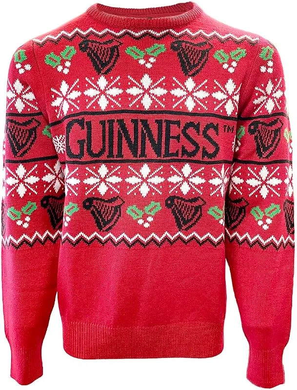 Marke: Traditional Craft Guinness G5203 Weihnachtspullover, Motiv: rote Harfe und Stechpalme — Weihnachtsmode