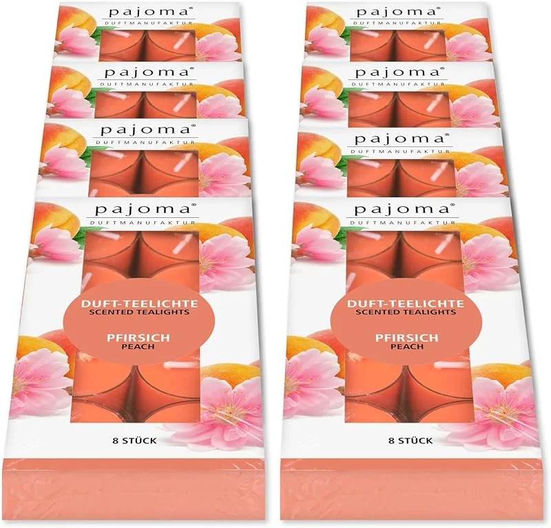 Besuche den pajoma-Store pajoma® Teelichte 8er Pack, Pfirsich, 64 Duft-Teelichte in Polycarbonathülle, Brenndauer ca. 4 Stunden - Höhe 1, 5 cm ø 3, 5 cm, Premium Qualität, Deko, Gastronomie, Outdoor, Windgläser, Hochzeit — Kerzenlicht Abendessen