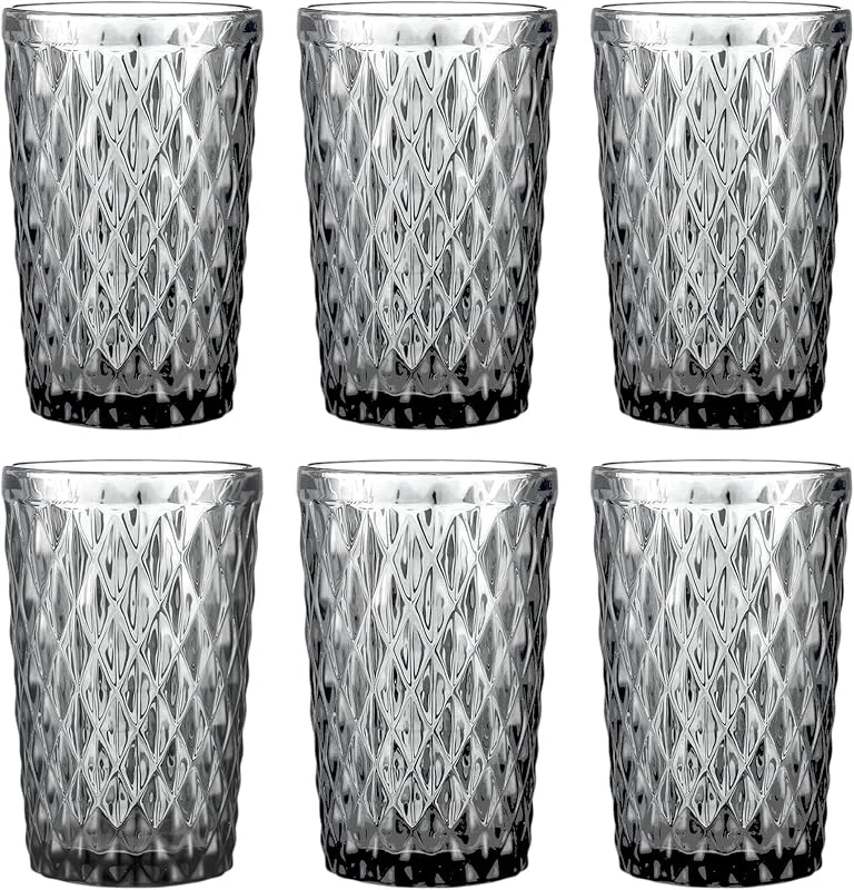 Besuche den GMMH-Store Vintage 6er-Set Farbige Weingläser und Trinkgläser mit Diamant Muster (Netz) Longdrinkgläser Cocktail Gläser mit Prägung Glas Trinkglas Weinglas Wasserglas Glaskelche (Grau Trinkglas) — Wein und Festtafel