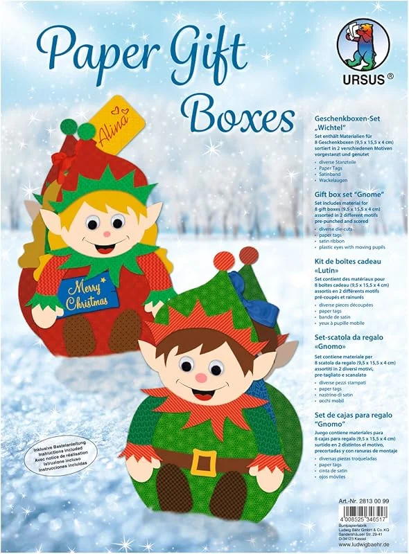 Besuche den Ursus-Store Ursus 28130099 - Geschenkboxen Set Wichtel, 8 Geschenkboxen in 2 verschiedene Motiven, ca. 9, 5 x 15, 5 x 4 cm, vorgestanzt und genutet, inklusive Bastelanleitung, ideal für kleine Überraschungen — Geschenkverpackung