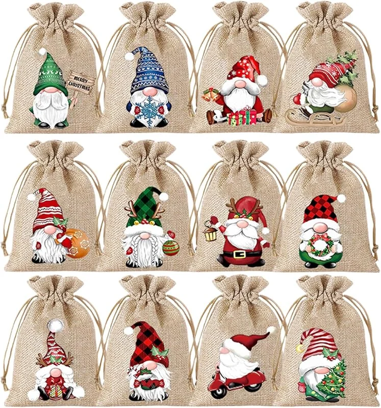Marke: Generisch 12 Stück Weihnachts-Geschenktüten aus Jute, 25, 4 x 20, 3 cm, kleine Leckerli-Tüten mit Kordelzug, für Weihnachtsfeiertage, Geschenkverpackungen und Festival-Partyzubehör