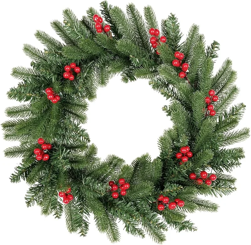 Besuche den himaly-Store Weihnachtskranz für die Haustür mit 12 roten Beeren, 120 Kiefern Blattspitzen, künstliche Weihnachtsgirlande aus PVC+PE, hängender Kranz, Weihnachtsdekoration für Innen Außen Fenster Kamin Wand