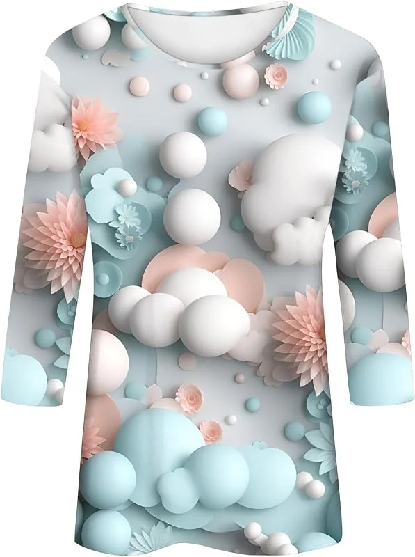 Marke: Generisch Damen-Pullover für Frühling, und, niedlicher Drei-Blumen-Druck, modischer ohne Hut, Sieben-Minuten-Ärmel, lockerer Rundhalsausschnitt, täglich vielseitige Pullover-Oberteile Gemütlich Hoodie — Weihnachtsmode