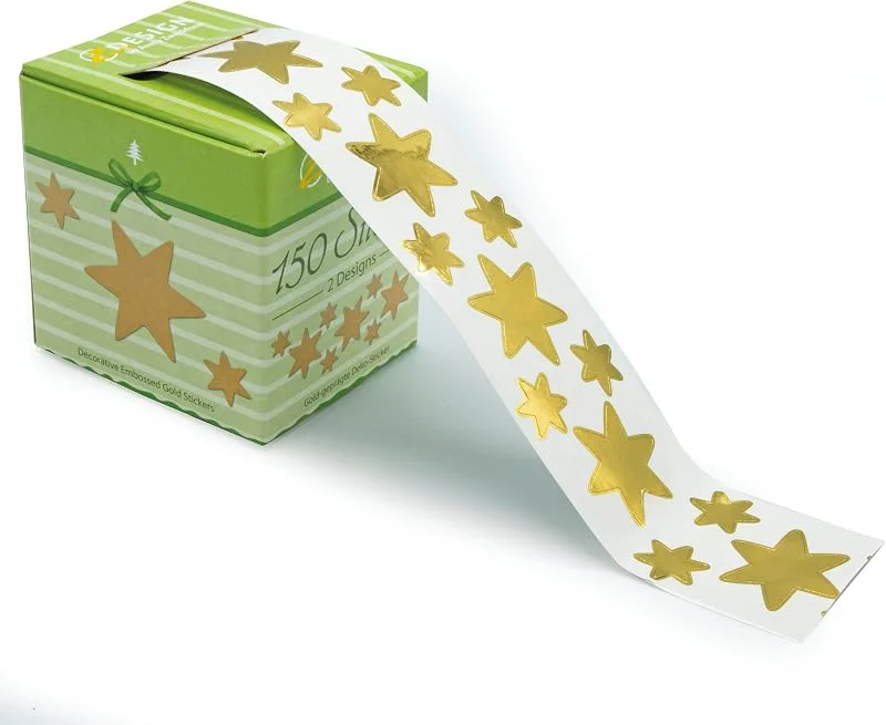 Besuche den AVERY Zweckform-Store AVERY Zweckform 150 Aufkleber Weihnachten Sterne gold (Made in Germany, glänzende Weihnachtssticker Goldprägung, selbstklebende Weihnachtsdeko Geschenke, Karten, Tüten) Sticker auf Rolle, 56920 — Geschenkverpackung