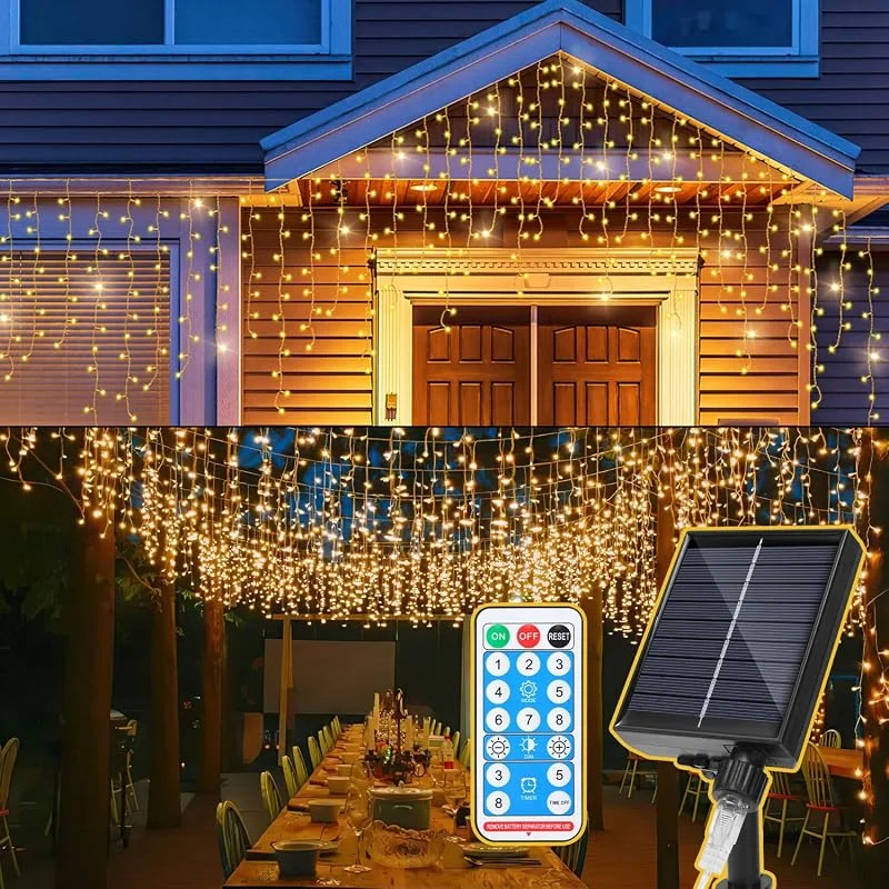 Besuche den Fiqops-Store Fiqops Solar Eisregen Lichterkette Außen 15m Warmweiß 600 leds Solarlichterkette mit batterie & fernbedienung lichterketten aussen für Party Garten Weihnachten Hochzeit Beleuchtung Deko — Weihnachtsbeleuchtung