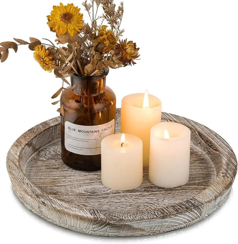 Besuche den Hanobe-Store Hanobe Kerzentablett Holz Deko Tablett Rund Holztablett, Weiß Gewaschen — Advent und Tisch