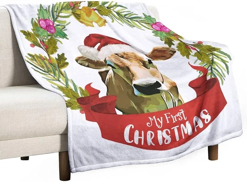 Marke: Generic Flauschige Decke Weihnachtskranz Tier Kuh My First Christmas Plüsch Solide Decke Warme Decke für Bett und Couch Merry Xmas Mottoparty Super Weiche Luxuriöse Plüschdecke Überwurfdecke 130 x 150 cm — Weihnachtsdeko