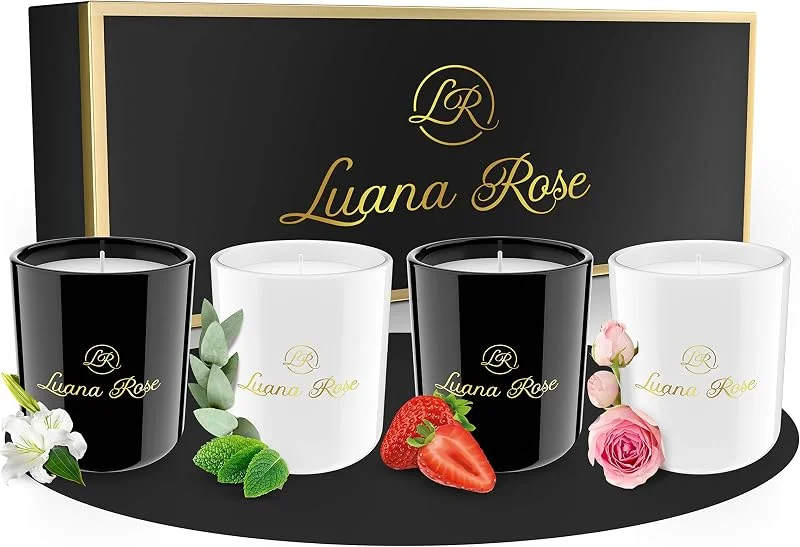 Besuche den Luana Rose-Store Luana Rose Duftkerzen Geschenkset - 4x 70g, Langanhaltender Duft, 100% Natürliche Sojawachs mit Ätherischen Ölen - Hochwertige Geschenke für Frauen, Aromatherapie Kerze - Scented Candle Set — Kerzenlicht Abendessen