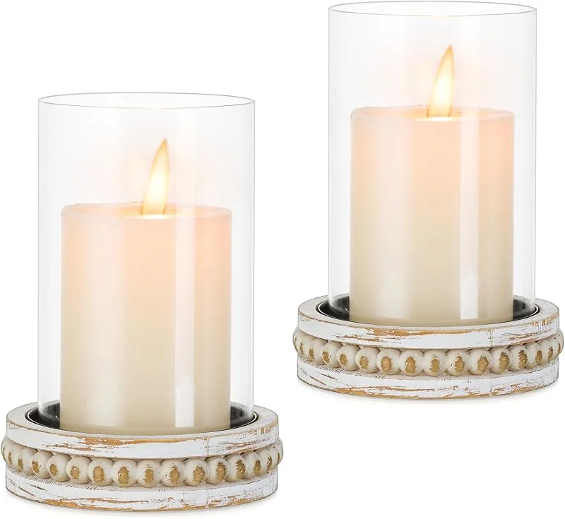 Besuche den Glasseam-Store Glasseam Hurricane Glaskerzenhalter, rustikaler Stumpenkerzenhalter, 2er-Set, Bauernhaus-Kerzenhalter für Tisch, Zylinderkerzenhalter mit Perlenkerzenteller für Esszimmer, Wohnzimmer, Dekorationen — Kerzenlicht Abendessen