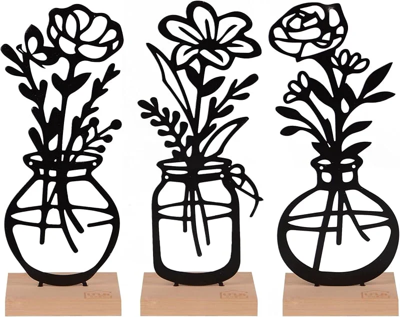 Besuche den UNUS-Store UNUS® Deko-Aufsteller 3er Set Vase mit Blumen aus Metall mit Bambus-Sockel — Advent und Tisch
