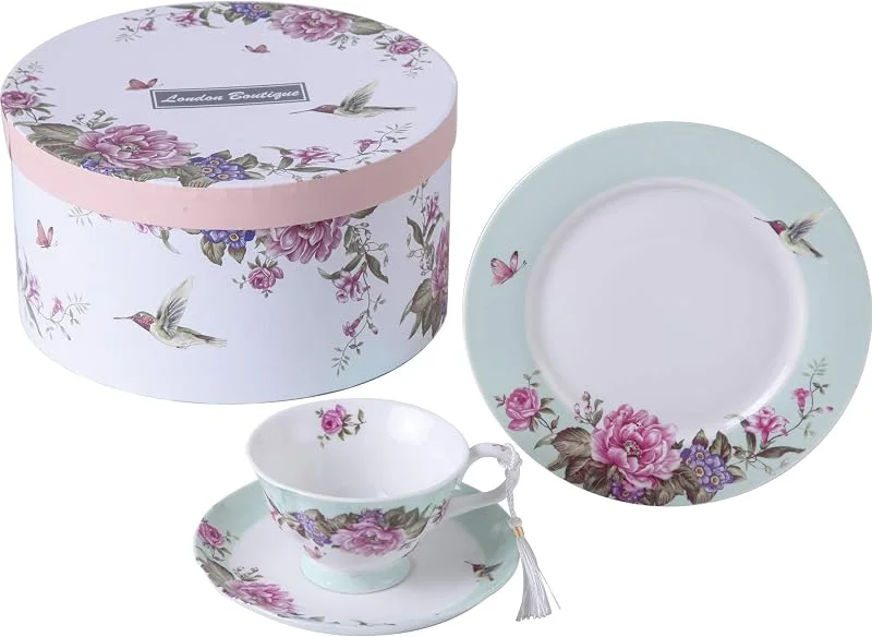 Besuche den London Boutique-Store Kaffeetasse und Untertasse, 19, 1 cm, Dessertteller, Shabby Chic, Vintage, Porzellan, Vogel, Schmetterling, Blumen, Geschenkbox (Türkis) — Geschenkverpackung