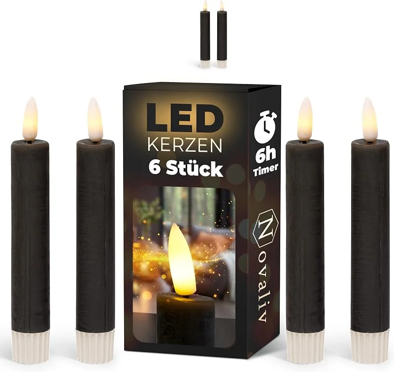 Besuche den Novaliv-Store Stabkerzen LED mit Timer SCHWARZ 6 Stück Indoor 6 Stunden ECHTWACHS 15cm Höhe für Kerzen 2, 2cm Durchmesser 2 AAA Batterien notwendig LED Stabkerzen 4er Set SCHWARZ (zwei Mal) bewegliche Flamme Licht — Advent und Tisch