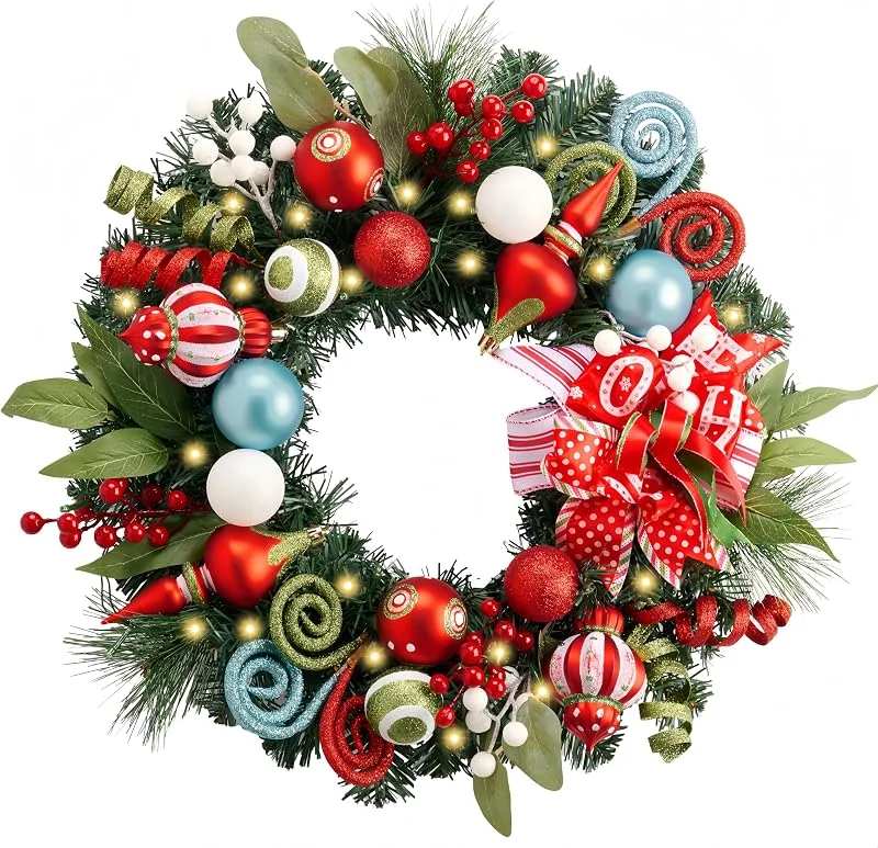 Besuche den Valery Madelyn-Store Valery Madelyn 45, 7 cm großer beleuchteter Weihnachtskranz für Haustür mit Lichtern, großer beleuchteter Weihnachtskranz mit Elfen, rot-grüne Weihnachtskugeln für Kamin, Fenster, Außenbereich — Weihnachtsdeko