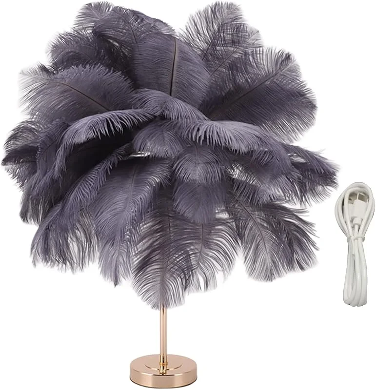 Besuche den Fockety-Store Fockety Feder-Tischlampe, Touch-Schalter, Dimmbare Moderne Straußenfeder-Lampe mit 3 Farbtemperatur und USB-Anschluss, Elegante Romantische Dekorative Nachttischlampe für Schlafzimmer (Grau) — Kerzenlicht Abendessen