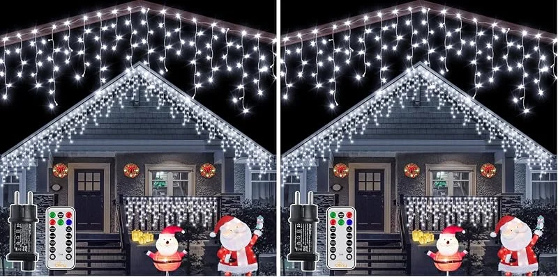 Besuche den Ollny-Store Ollny Eisregen Lichterkette außen 12m 504LEDs 84 Saiten Weihnachtsbeleuchtung außen Kaltweiß IP44 wasserdicht 8 Modi mit Fernbedienung Timer EU Stecker für Pavillon Balkon (Packung mit 2)