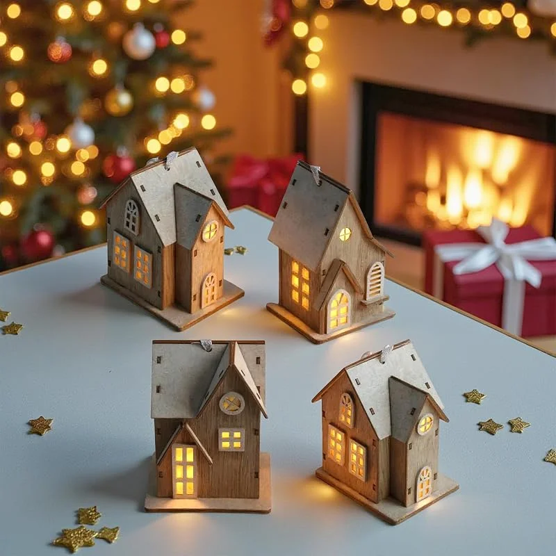 Besuche den Spetebo-Store Spetebo LED Holz Weihnachtshaus 10 cm, 4er Set, warm weiß — Weihnachtsdeko