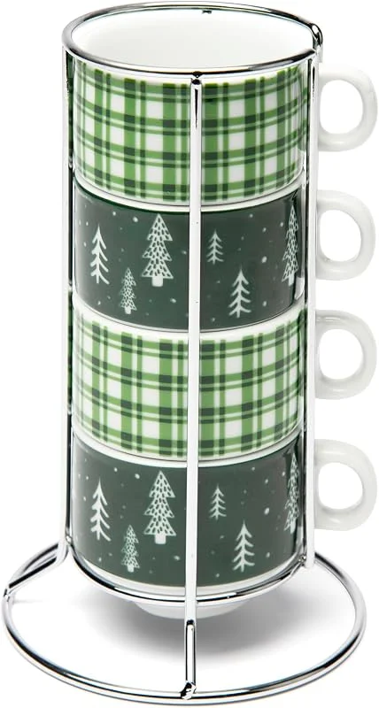 Besuche den Excelsa-Store Excelsa Green Winter Set aus 4 Kaffeetassen aus Porzellan mit Tartan und Tannen-Motiv, stapelbarer Metallständer — Advent und Tisch