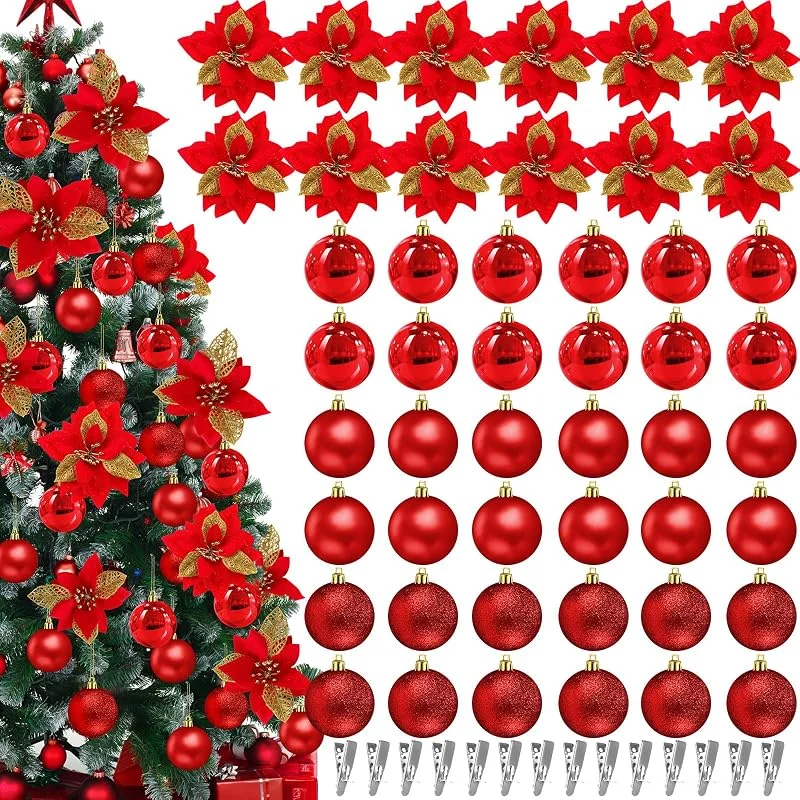 Marke: Threehoney Threehoney 48-teiliges Weihnachtsbaumschmuck-Set beinhaltet 36 Weihnachtskugeln, 12 Stück glitzernde Weihnachtssterne, Weihnachtsblumen, hängende Ornamente, Weihnachtsblumen für Zuhause (rot, 4, 8 cm) — Weihnachtsdeko