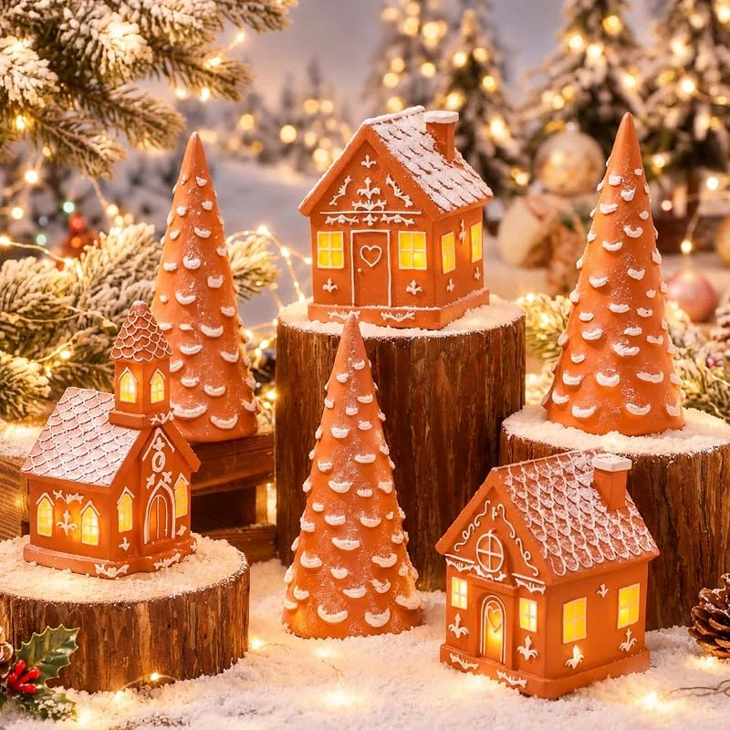 Marke: Yalikop Yalikop 6 Stück beleuchtete Lebkuchenhaus-Dekoration aus Kunstharz — Weihnachtsdeko