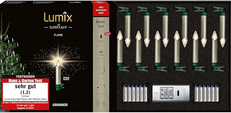 Besuche den Lumix-Store Lumix® kabellose LED Christbaumkerzen Weihnachtsbaumkerzen 12er Basis-Set SuperLight Flame Metallic Mini Cashmere 9cm warmweiß inkl. Fernbedienung 77145 — Weihnachtsbeleuchtung