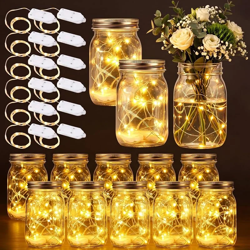 Marke: LemonRoad LemonRoad Einmachglas-Mittelstücke mit Lichterkette, Warmweiß, 12 Sets — Weihnachtsbeleuchtung