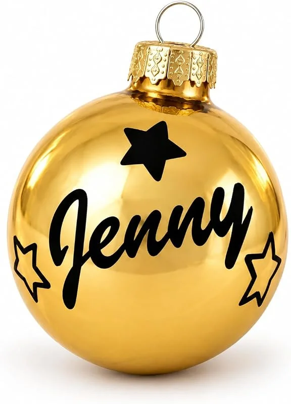 Besuche den AURIMELLYS-Store Personalisierte Weihnachtskugeln aus Glas (6 cm oder 8 cm) – mit Name unf Motiv – Farben & Schriftart wählbar (Gold - glänzend, 6 cm) — Weihnachtsdeko