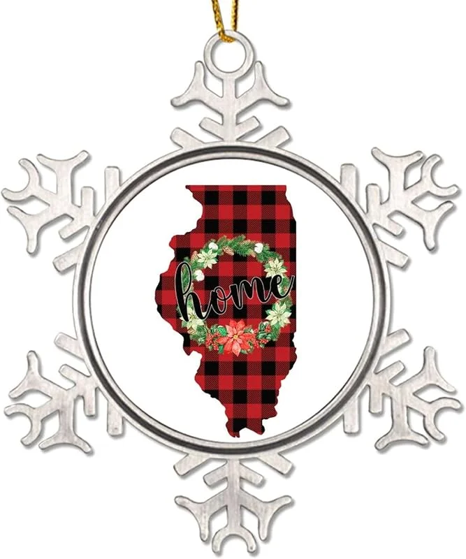 Marke: CowkissSign Weihnachtskranz Illinois States Schneeflocke Metall Ornamente Hängender Anhänger Home State Rot und Schwarz Plaid Weihnachtsschmuck Patriotische USA Staat Xmas Tree Decorations — Weihnachtsdeko