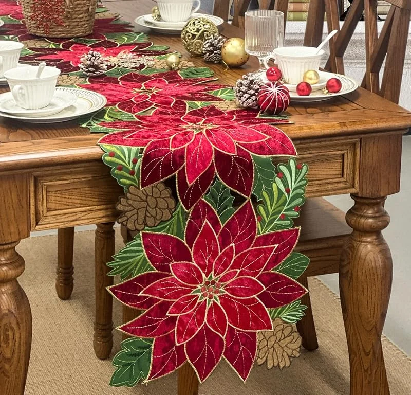 Marke: KEVA KEVA Weihnachts-Tischläufer, 182, 9 cm lang, bestickter roter Samt, Weihnachtsstern, Cutwork, Weihnachtstischdekorationen für Zuhause und Küche, roter Tischläufer 33 x 183 cm — Küche & Haushalt