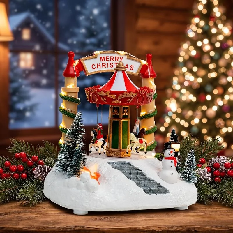 Marke: MXwcy MXwcy Animiertes Weihnachtsdorf mit rotierendem Karussell und Frohe Weihnachten Bogen, musikalisches beleuchtetes Winter-Schneedorf mit 8 Liedern und 6-Stunden-Timer, USB, batteriebetrieben — Weihnachtsdeko