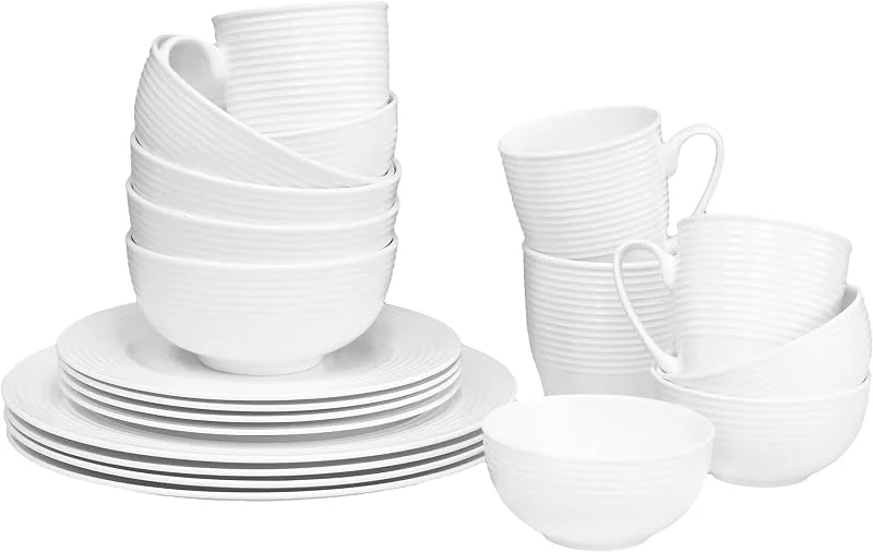 Marke: QOUTIQUE Geschirr-Set aus Knochenporzellan, 20-teilig, Service für 4 Personen, weiß, geprägt, kreisförmig, mikrowellengeeignet, durchscheinend, elegantes Geschenkgeschirr, Geschirr-Set, Essentielles — Advent und Tisch