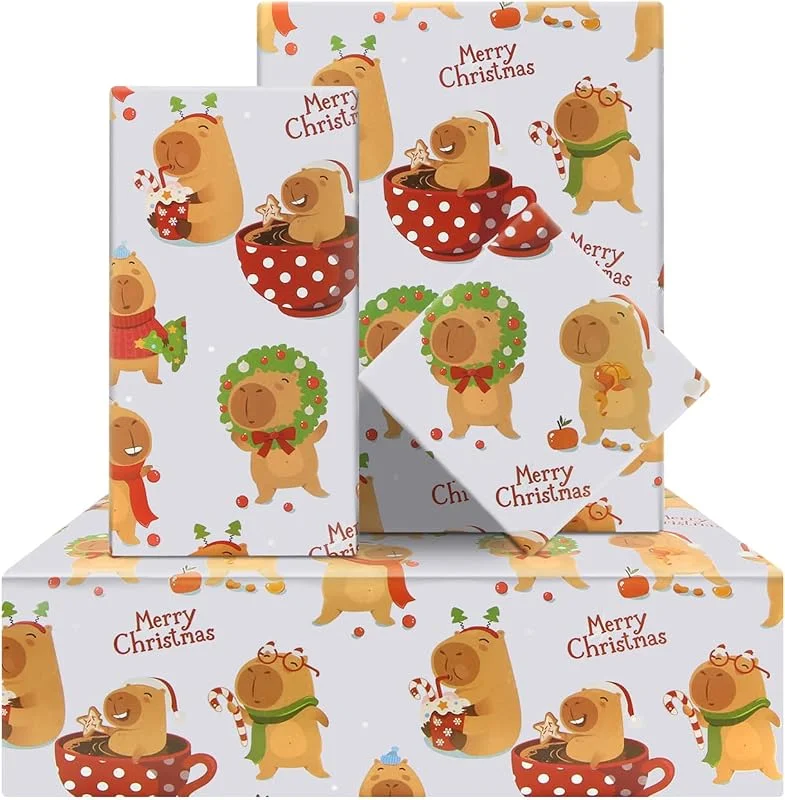 Marke: Geluode Geluode Capybara Weihnachts-Geschenkpapier, 4 Blatt flach gefaltet, 50 x 70 cm pro Blatt, glänzendes Kunstpapier, perfekt für Kinder, Jungen, Mädchen, Geburtstage, Weihnachten, Partys — Geschenkverpackung