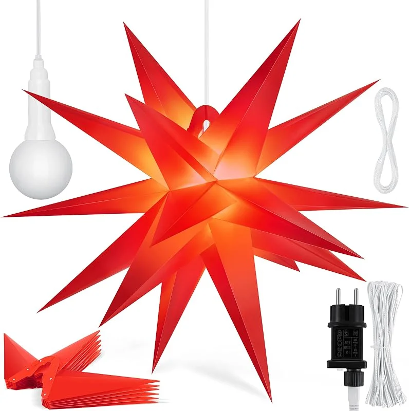 Besuche den KESSER-Store KESSER® 60cm Leuchtstern 3D, LED Weihnachtsstern mit Timer für innen und außen, Adventsstern Beleuchtet hängend Rot Stern + Warmweiß Licht — Weihnachtsbeleuchtung
