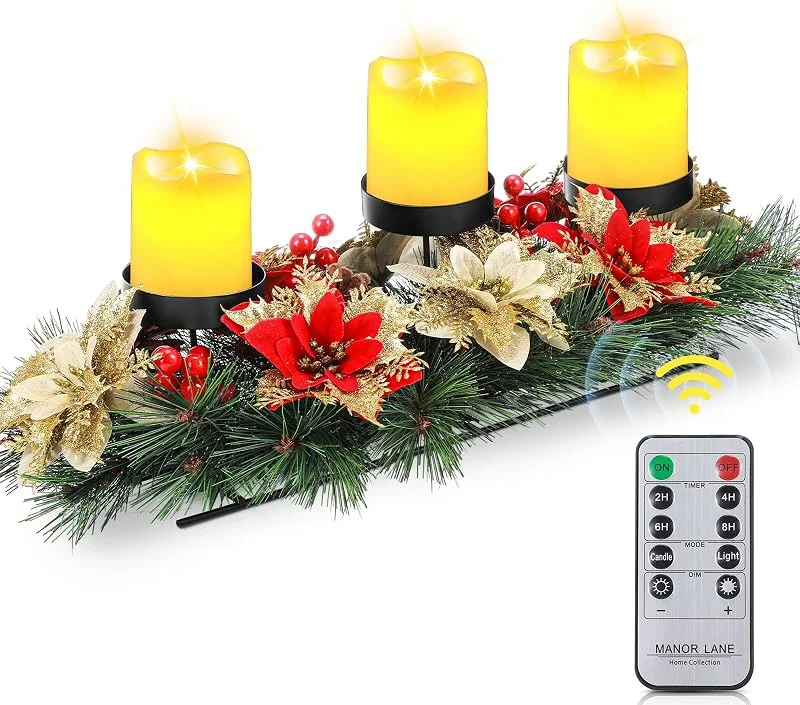 Marke: Cinnvoice Cinnvoice Künstlicher Weihnachtskerzenhalter mit 3 elfenbeinfarbenen flackernden flammenlosen Kerzen, mit Fernbedienung und Timer, Tischdekoration für Partys (Gold und Rot), 43, 2 cm — Kerzenlicht Abendessen