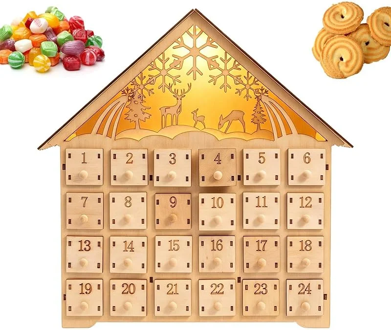 Marke: Générique Weihnachtskalender Countdown-Box aus Holz, beleuchtet, Hausform — Advent und Tisch