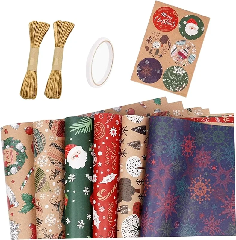 Marke: StaZamor 6 Blatt 19, 69 x 27, 56 Zoll lustiges Vintage-Weihnachts-Geschenkpapier mit Weihnachtsmann- und Schneeflockenmuster, festliches Geschenkpapier für Blumen, Stil 2 — Geschenkverpackung
