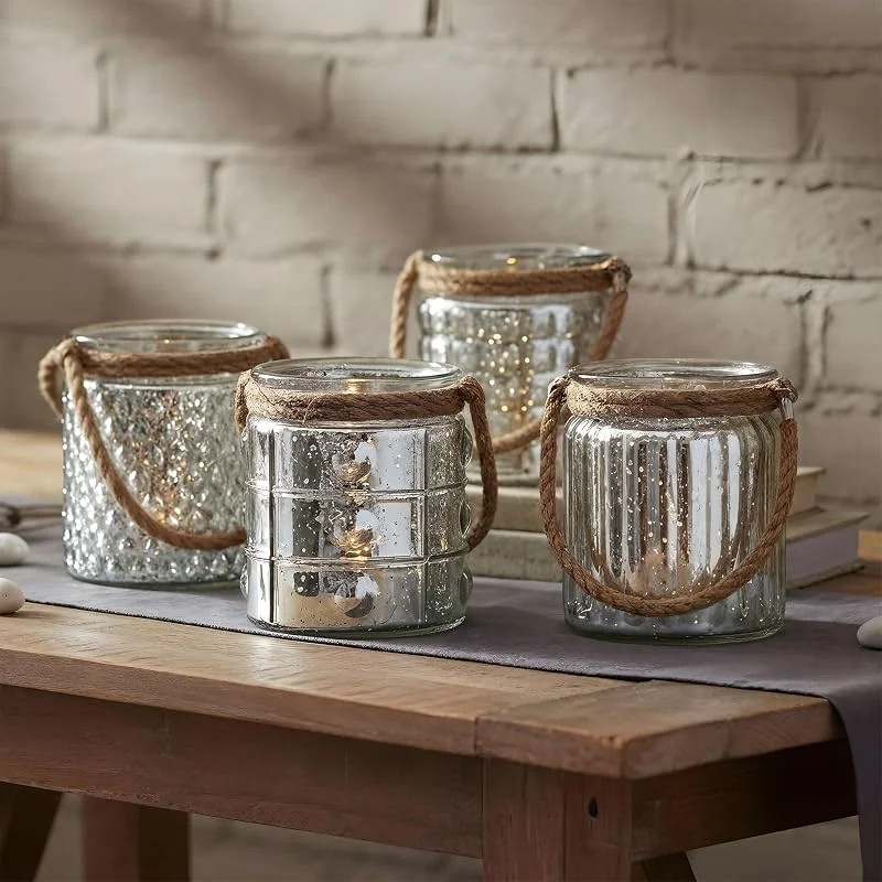Besuche den levandeo-Store 4er Set Windlicht Glas Silber H10cm Teelichthalter Tischdeko Kerzen Deko Retro Kerzenhalter Flachs — Kerzenlicht Abendessen