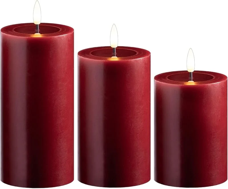 Besuche den Novaliv-Store Novaliv 3er Set Led Kerzen flackernde Flamme mit Echtwachspiegel rot 7, 5cm ø 1x 15 cm, 1x12, 5 cm, 1x10 cm Höhe, LED Kerzen mit Timerfunktion, 2 AA Batterien nötig, LED Echtwachs Stumpenkerzen rot — Advent und Tisch
