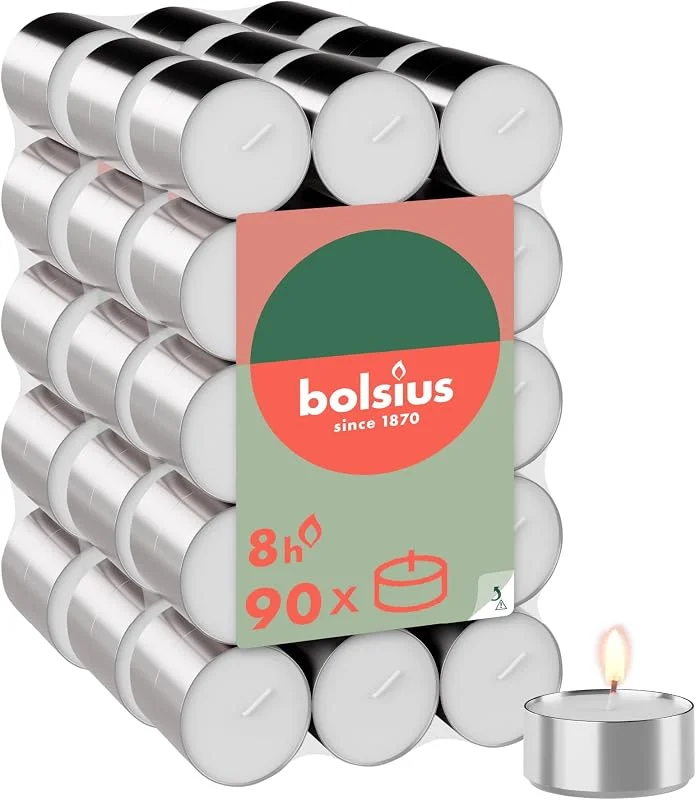 Besuche den bolsius-Store Bolsius - Großpackung Teelichter - 90 Stk. - 8 Brennstunden - Weiß - Länge Brenndauer - Dekorative Haushaltkerzen - Ohne Palmöl - Sauberes Abbrennen — Kerzenlicht Abendessen