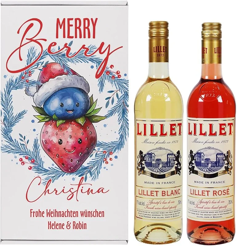 Besuche den Herz & Heim-Store Herz & Heim® weihnachtliches Lillet Geschenkset mit 2 Flaschen und personalisierter Geschenkbox (Merry Berry) — Geschenkverpackung