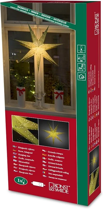 Besuche den Konstsmide-Store Konstsmide Grüner Papierstern, perforiert und grün bestickt, 7 Zacken, inkl. Anschlusskabel mit an, aus Schalter, ohne Leuchtmittel, E14 Lampenhalterung, 230V, Innen, weißes Kabel - 2982-900 — Weihnachtsdeko